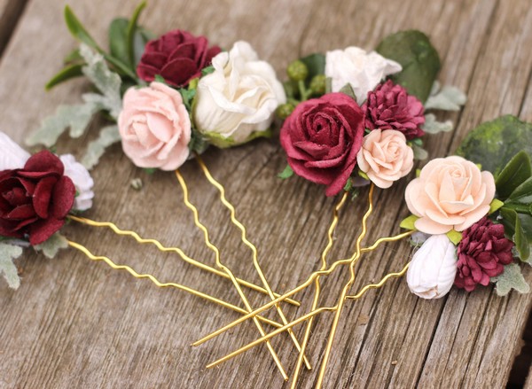 Blush white burgundy red flower hair pin set dainty wedding hairpins 